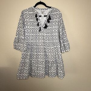 Tommy Bahama Womens Black White Geometric Ikat Tassel Tiered Mini Dress Size M